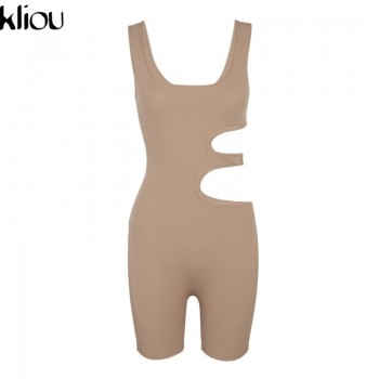 Kilou ribbed knitted solid rompers women sporty streetwear sexy o-neck sleeveless hole hollow out short jumpsuits female outfits